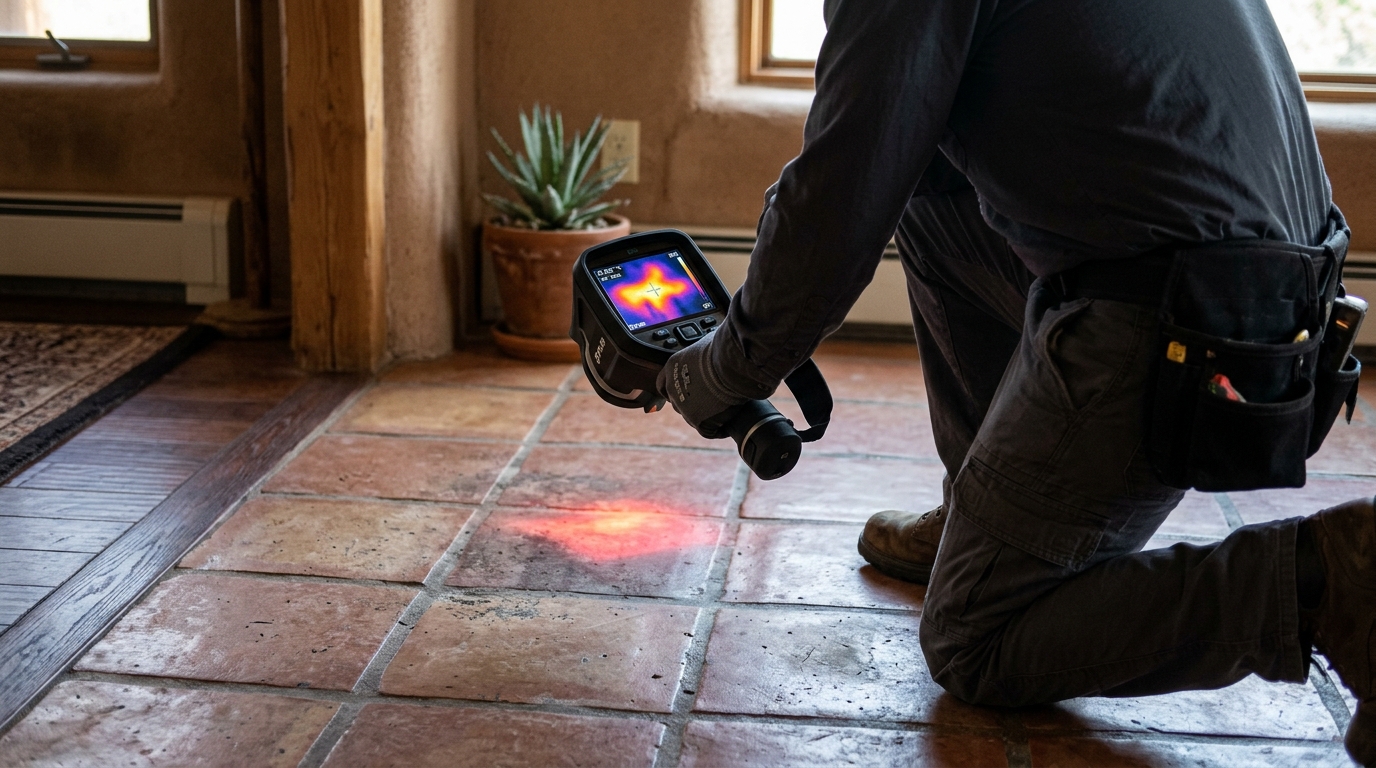 Thermal imaging scan revealing hot water slab leak blooming beneath tile floor in Indio CA