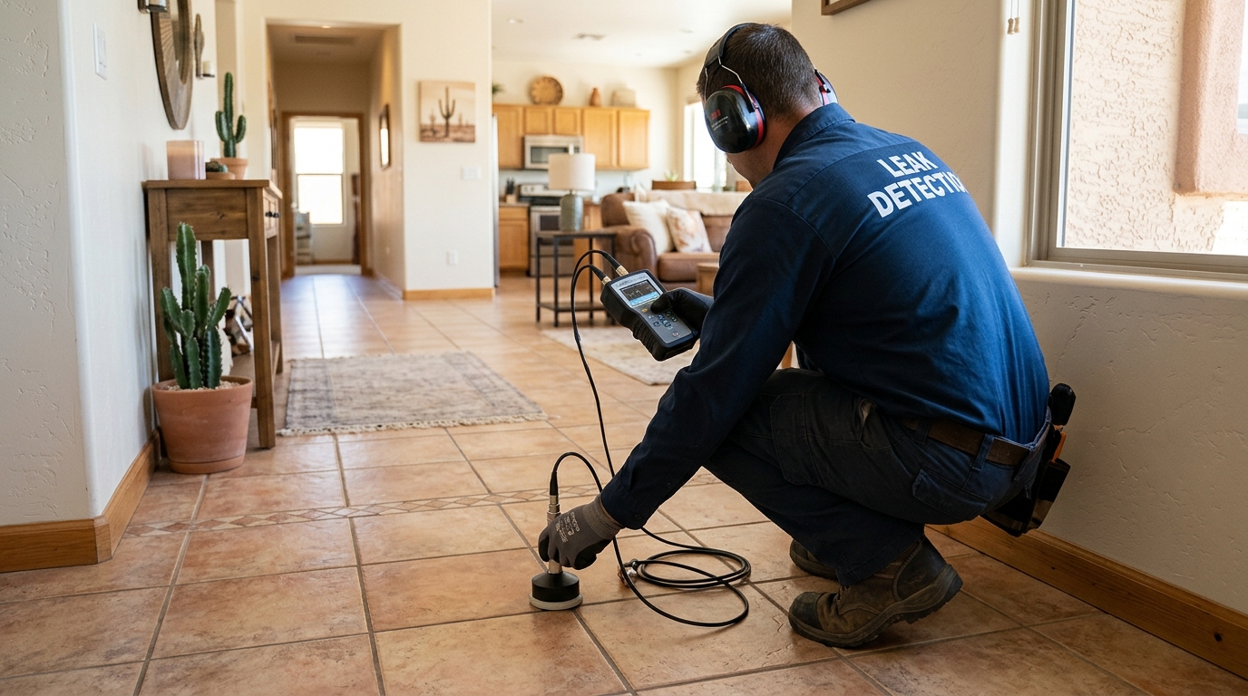 Plumbing technician testing concrete slab foundation for hidden water leak in Indio desert home